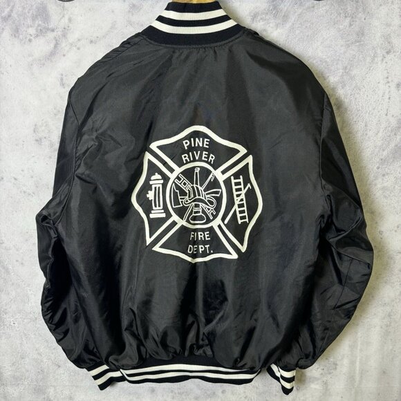 Vintage Pine River Fire Dept Jacket Mens Medium Birdie Bomber Black 90s - Picture 2 of 11